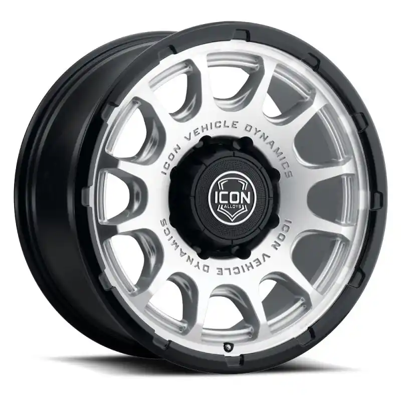 Free Delivery ICON Alloys Rancho 20x9 / 8x6.5 / 12mm / 5.5in BS Silver MACH w/ Gloss Black Lip