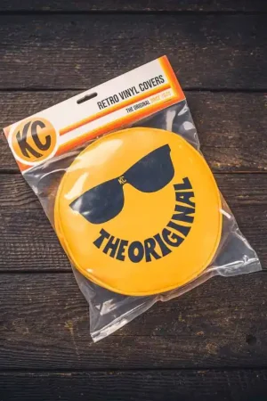 Instant Buy KC HiLiTES Retro 8in Round Yellow Vinyl Light Cover w/ Black KC The Original Logo (Pair)