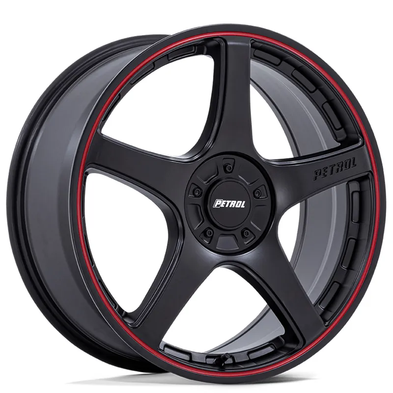 18" Petrol Wheels PE003 P2E Matte Black with Red Lip Rims Wholesale