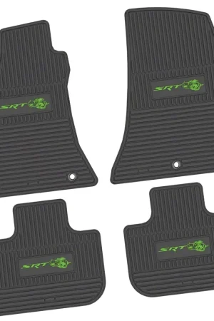 Professional Grade Factory Floorpan Fit Custom Vintage Scene Front and Rear Floor Mats with Lime SRT Superbee Insert; Black