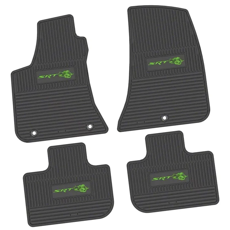 Professional Grade Factory Floorpan Fit Custom Vintage Scene Front and Rear Floor Mats with Lime SRT Superbee Insert; Black