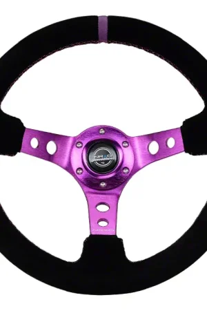 NRG Innovations 350mm 3-Inch Deep Dish Steering Wheel; Black Suede with Purple Center Mark, Stitching and Center Spoke Best Price