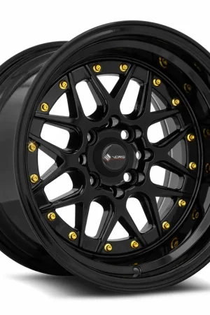 Vors Vr7 Wheel 15x9 4x100 & 4x114.3 Black w/ Gold Rivets 0mm Exclusive Offer